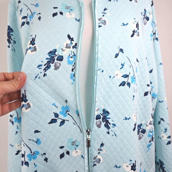 Adonna Qulited Blue Asian Mint Floral Zip Front Bath Robe Housecoat Cottagecore - Picture 6 of 11